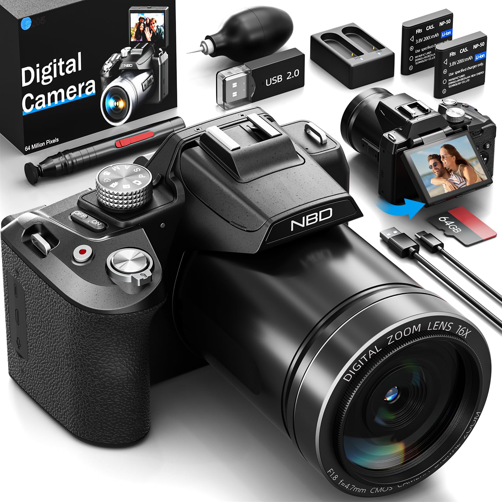 [美品]NBD 8K デジタルカメラ ほぼ新品 付属品完備 64GBカード付 Amazon | NBD 8K 6400万画素 デジタルカメラ【Wi-Fiとアプリ制御】16倍